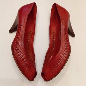 Dolcis Red Leather Shoes VTG Peep Toe Heels Woven Huarache Pumps EST size 7.5 -